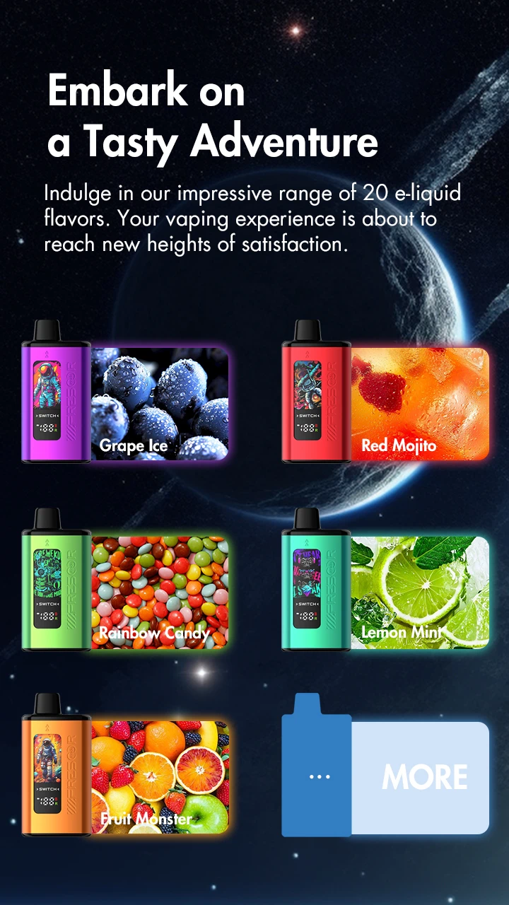Embark on a Tasty Adventure Indulge in our impressive range of 20 e-liquid flavors. Your vaping experience is about to reach new heights of satisfaction.