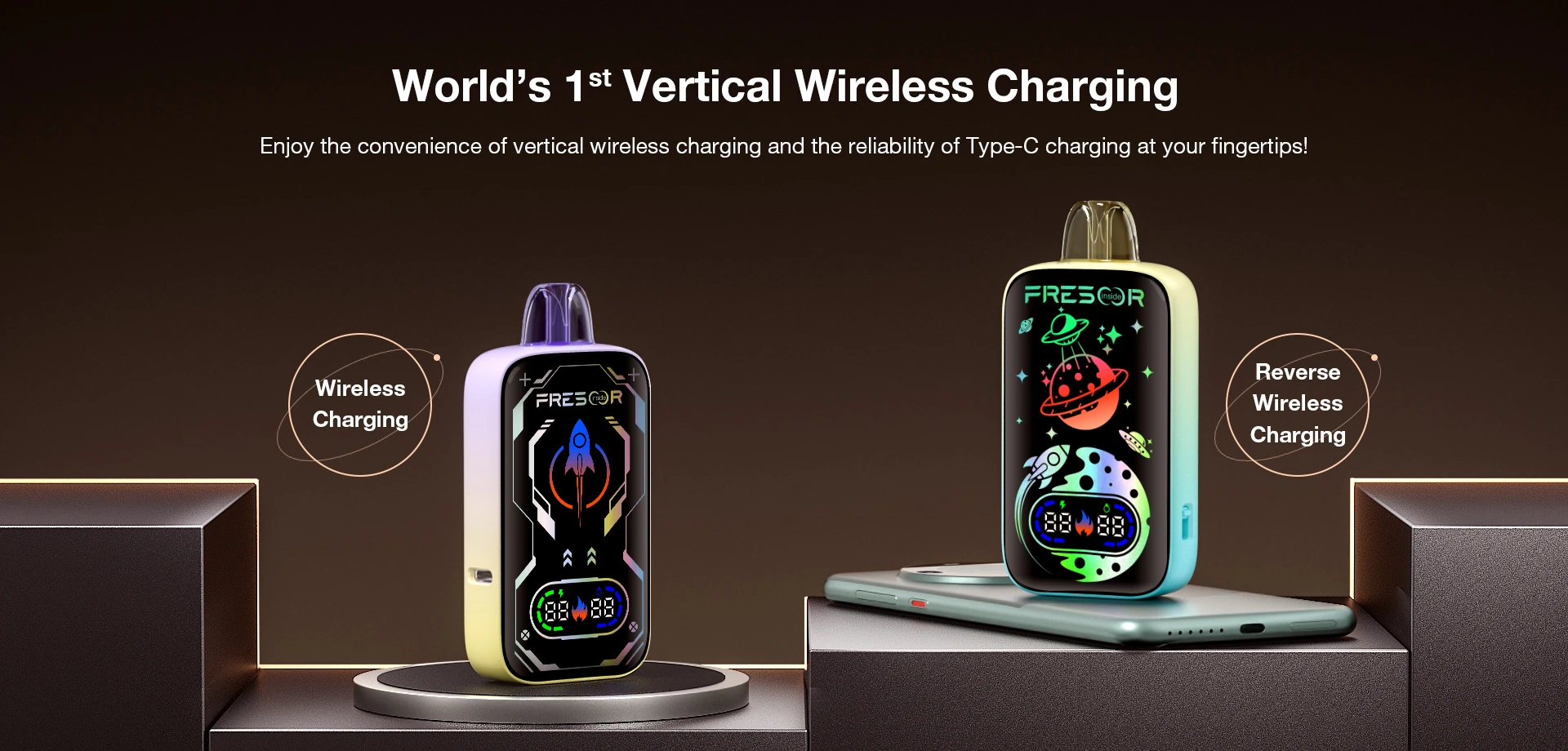 World's 1st Vertical Wireless Charging  Enjoy the convenience of vertical wireless charging and the reliability of Type-C charging at your fingertips!  Wireless Charging Reverse Wireless Charging