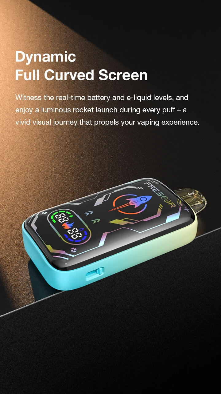 Dynamic Full Curved Screen  Witness the real-time battery and e-liquid levels, and enjoy a luminous rocket launch during every puff - a vivid visual journey that propels your vaping experience.