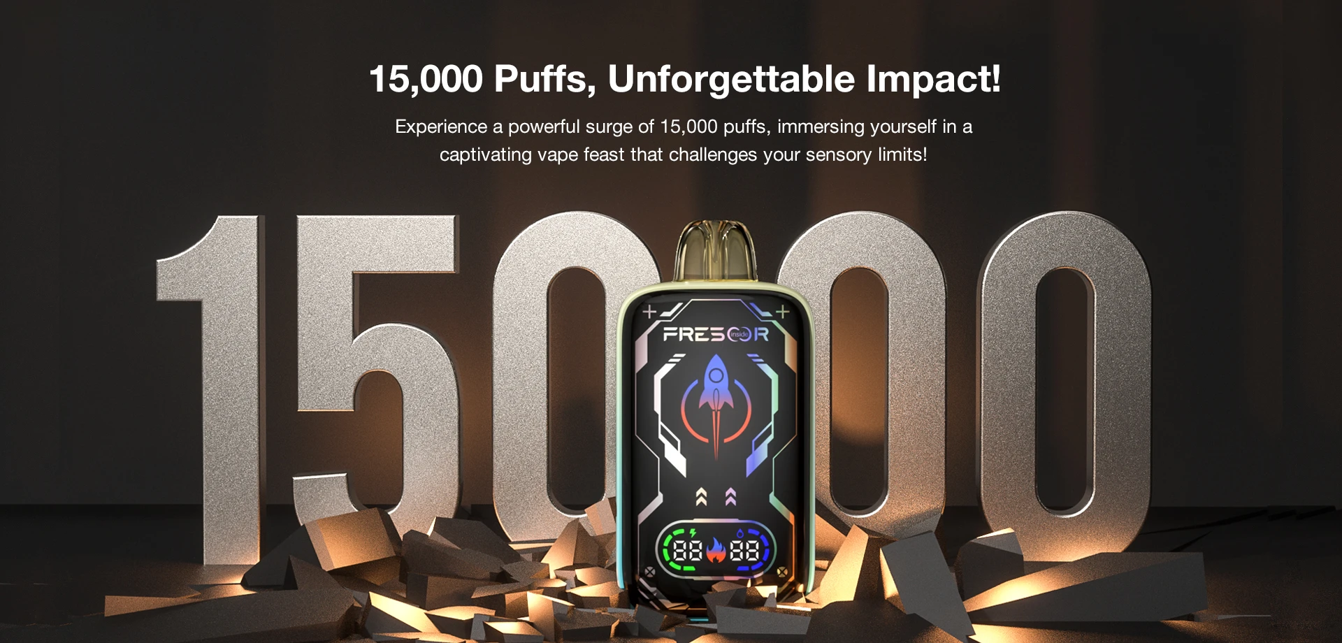 15,000 Puffs, Unforgettable Impact!  Experience a powerful surge of 15,000 puffs, immersing yourself in a captivating vape feast that challenges your sensory limits!