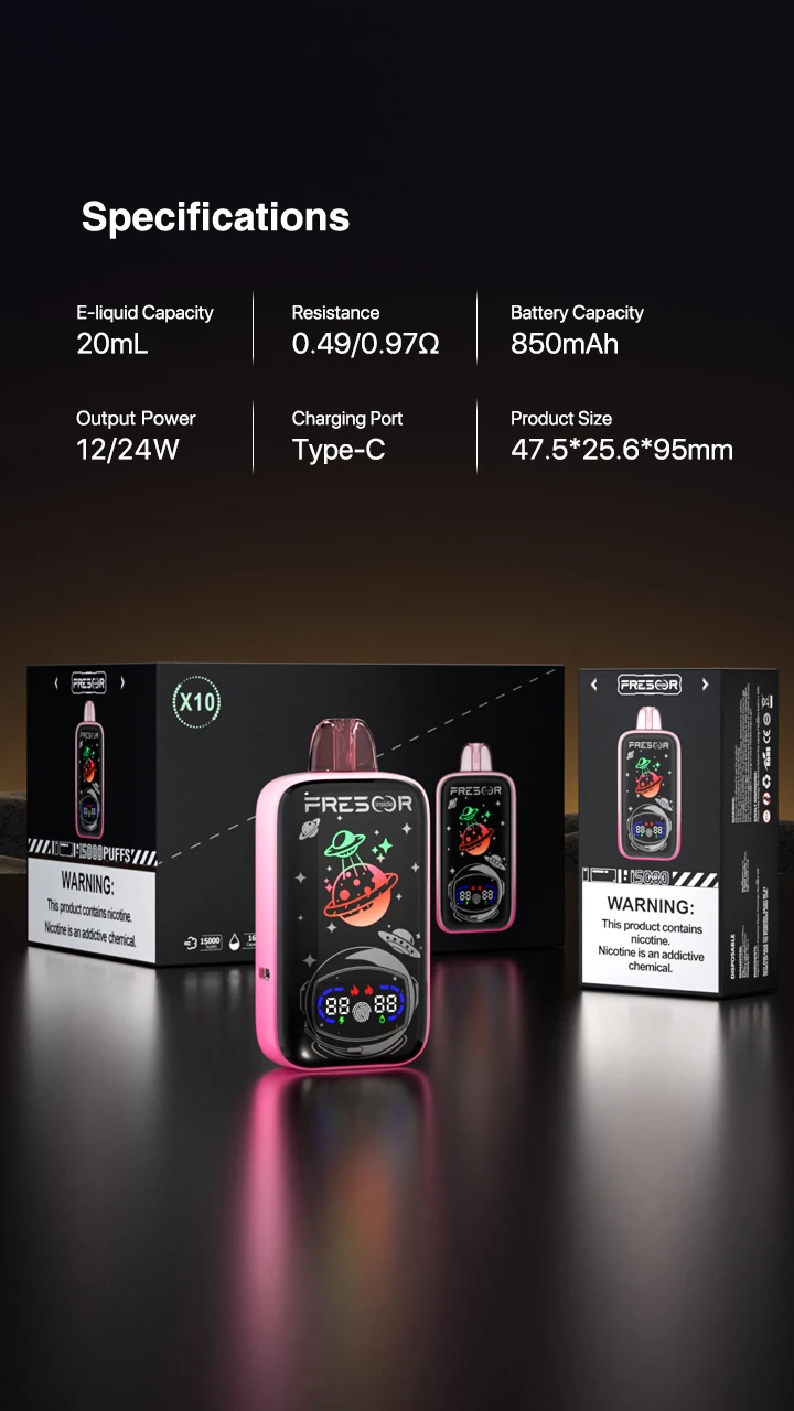 Specifications: Model No: AH4807-B Brand: OEM/ODM E-liquid Capacity: 20mL Resistance: 0.49Ω/0.97Ω Battery Capacity: 850mAh Output Power: 12/24W Charging Port: Type-C Product Size: 47.5*25.5*95mm