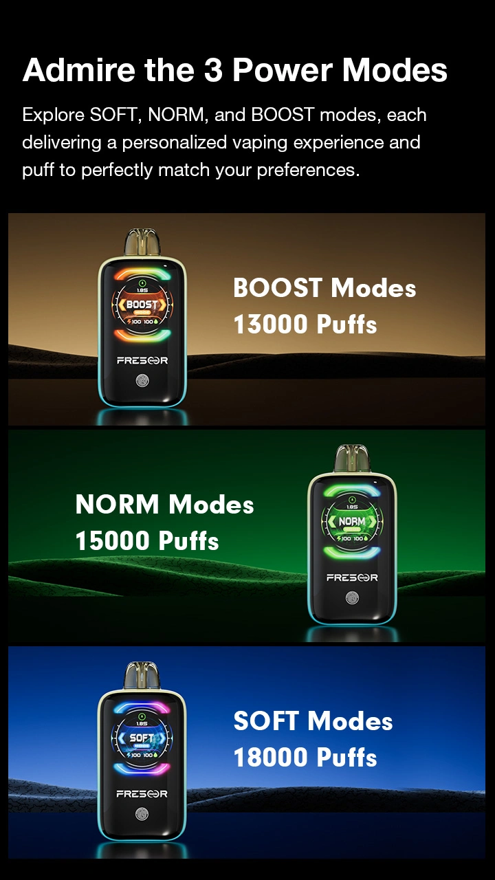 Admire the 3 Power Modes  Explore SOFT, NORM, and BOOST modes, each delivering a personalized vaping experience and puff to perfectly match your preferences.  BOOST Modes 13000 Puffs NORM Modes 15000 Puffs SOFT Modes 18000 Puffs