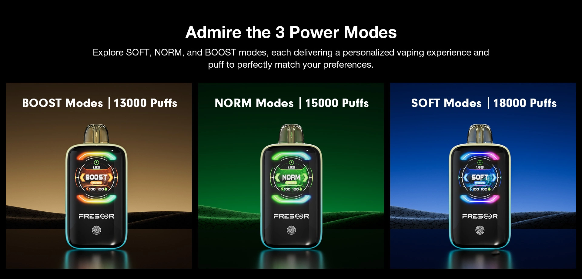 Admire the 3 Power Modes  Explore SOFT, NORM, and BOOST modes, each delivering a personalized vaping experience and puff to perfectly match your preferences.  BOOST Modes 13000 Puffs NORM Modes 15000 Puffs SOFT Modes 18000 Puffs