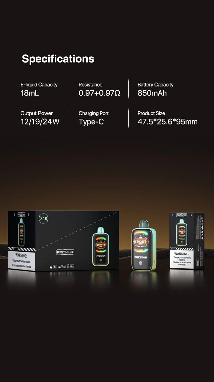 Specifications  E-liquid Capacity: 18mL Resistance: 0.97+0.97Ω Battery Capacity: 850mAh Output Power: 12/19/24W Charging Port: Type-C Product Size: 47.5*25.6*95mm