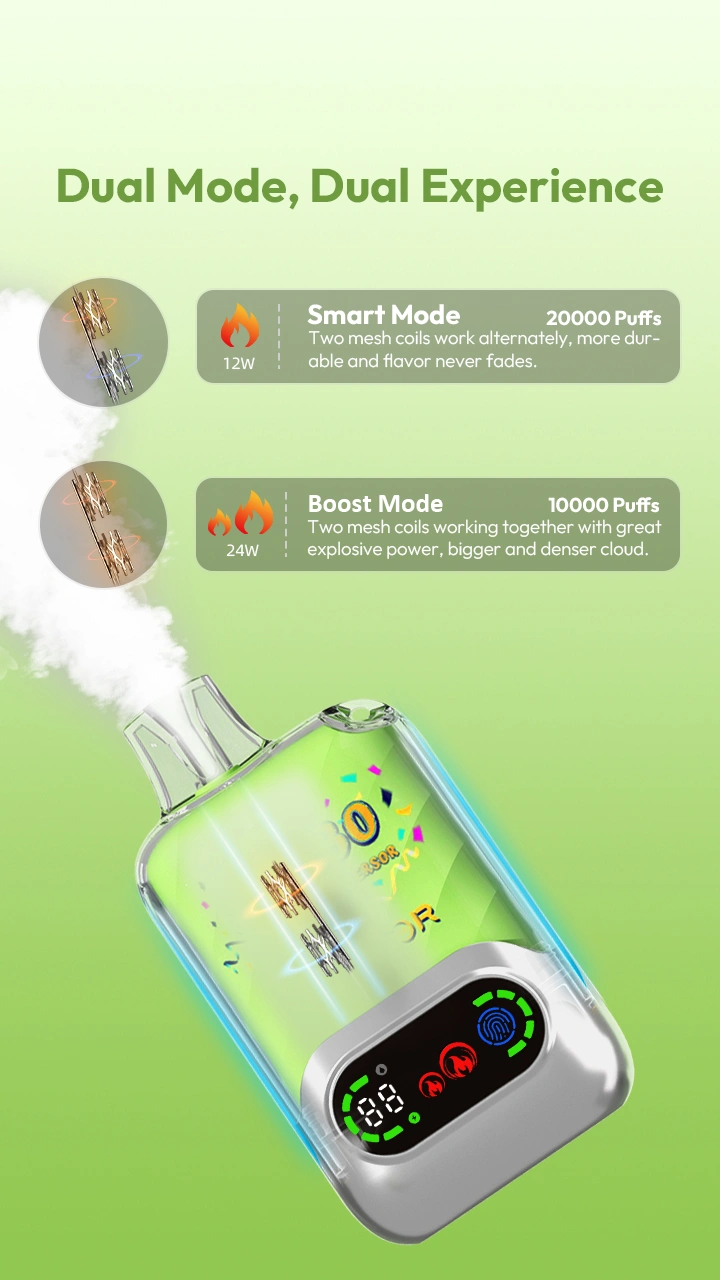 Dual Mode,Dual Experience Smart Mode 20000 Puffs Two mesh coils work alternately, more durable and favor never fades. Boost Mode 10000 Puffs Two mesh coils working together with great explosive power, bigger and denser cloud.