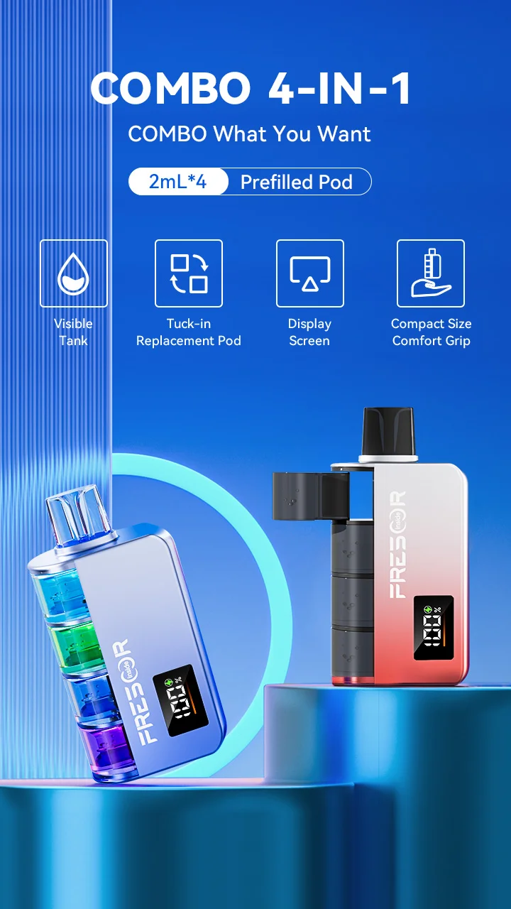 COMBO 4-IN-1 COMBO What You Want 2mL*4 Prefilled Pod Visible Tank Display Screen Tuck-in Replacement Pod Compact Size Comfort Grip