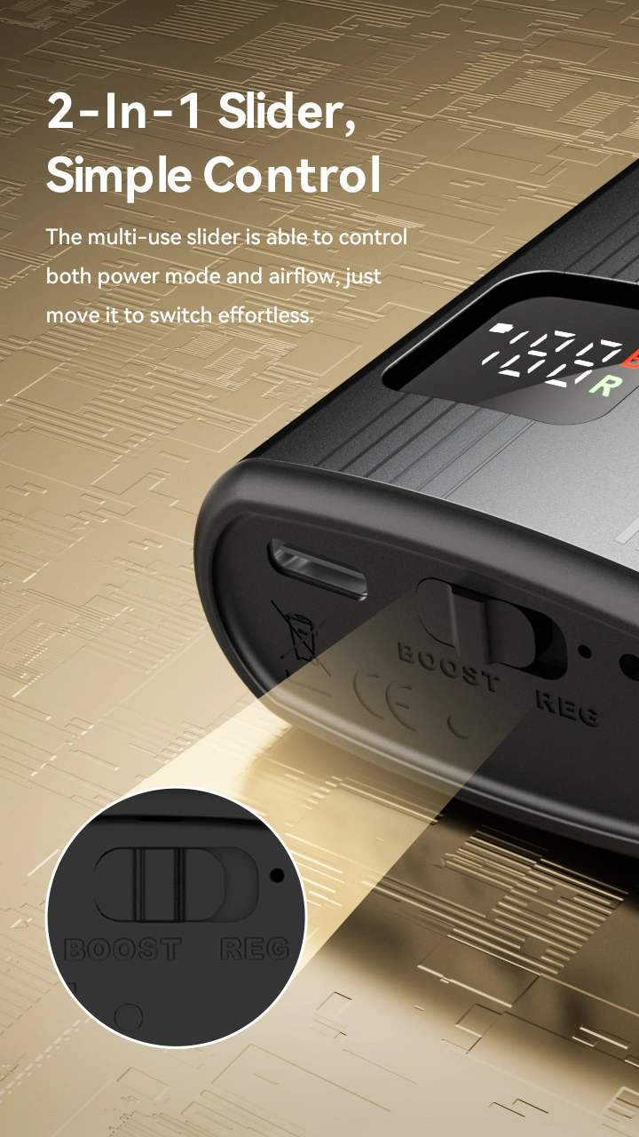 2-In-1 Slider, Simple Control The multi-use slider is able to control both power mode and airflow, just move it to switch effortless