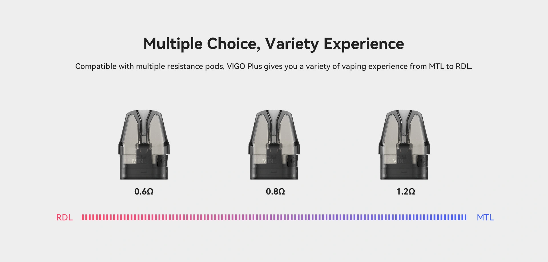 Multiple Choice, Variety Experience Compatible with multiple resistance pods, ViGO Plus gives you a variety of vaping experience from MTL to RDL.