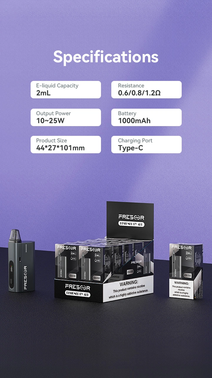 Specifications E-liquid Capacity: 2mL Output Power: 10~25W Product Size: 44*27*101mm Resistance: 0.6/0.8/1.2Ω Battery: 1000mAh Charging Port: Type-C