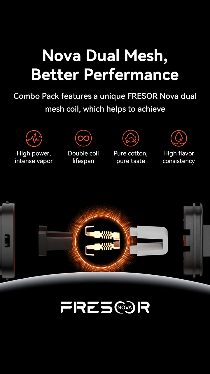 Nova Dual Mesh, Better Perfermance Combo Pack features a unique FRESOR Nova dual mesh coil, which helps to achieve High power,intense vapor Double coil lifespan Pure cotton, pure taste High flavor consistency