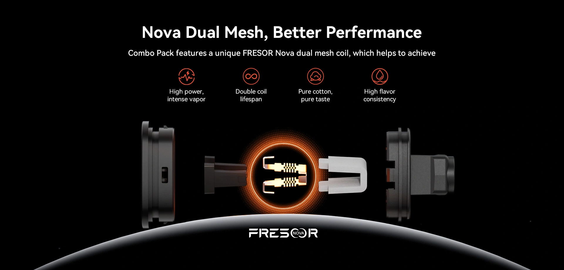 Nova Dual Mesh, Better Perfermance Combo Pack features a unique FRESOR Nova dual mesh coil, which helps to achieve High power,intense vapor Double coil lifespan Pure cotton, pure taste High flavor consistency