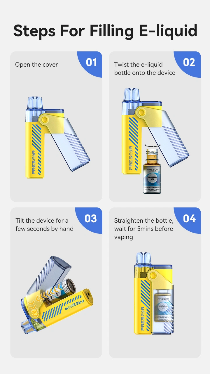 Steps For Filling E-liquid 01: Open the cover 02: Twist the e-liquid bottle onto the device 03: Tilt the device for a few seconds by hand 04: Straighten the bottle, wait for 5 mins before vaping