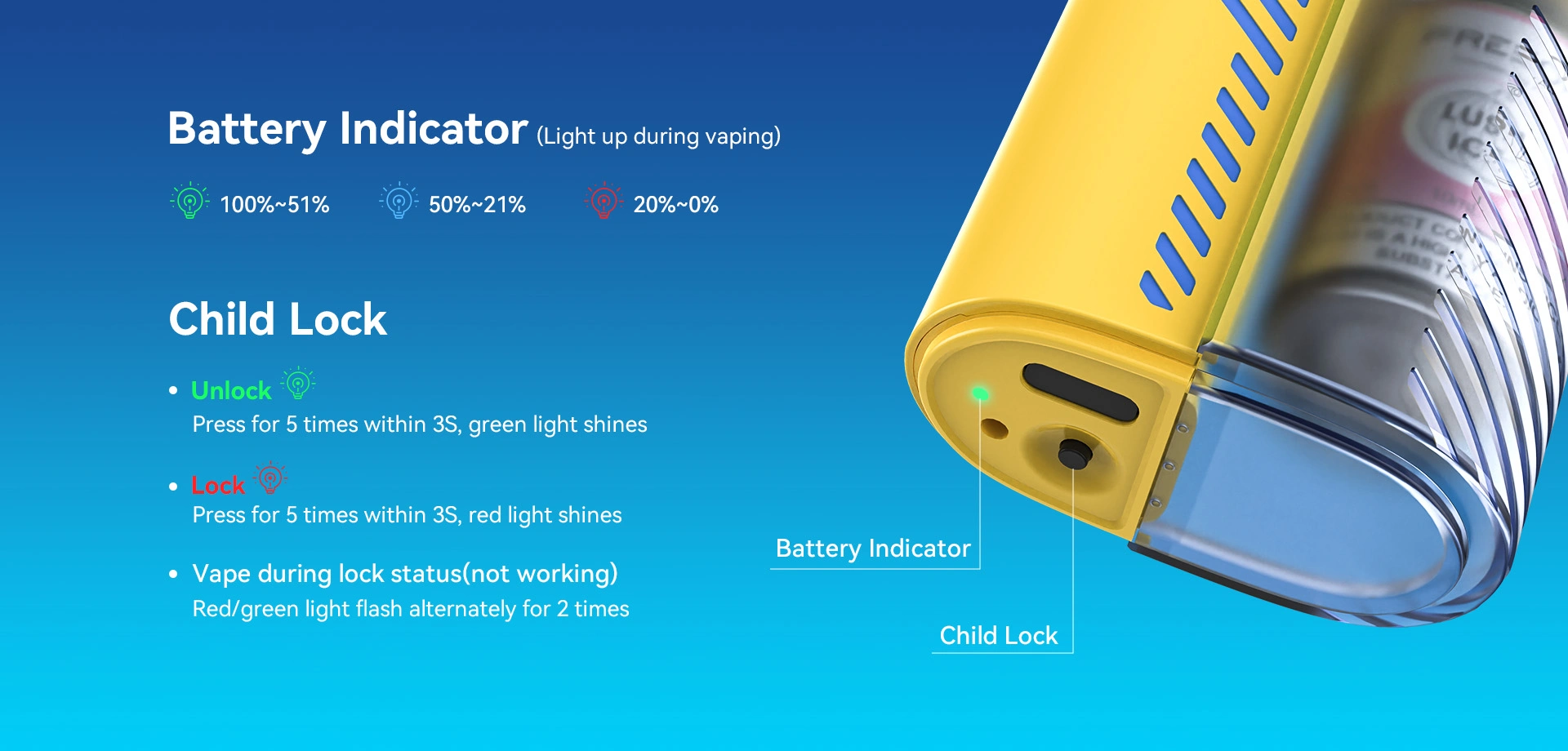 Battery Indicator Light up during vaping) 100%~51% 50%~21% 20%~0% Child Lock Unlock - Press for 5 times within 3S, green light shines Lock - Press for 5 times within 3S, red light shines Vape during lock status(not working)  Red/green light flash alternately for 2 times