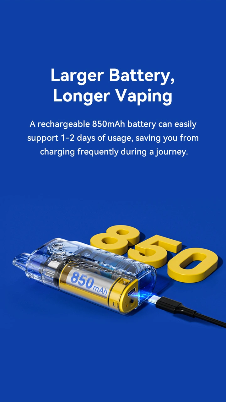 Larger Battery, Longer Vaping A rechargeable 850mAh battery can easily support 1-2 days of usage. saving you from charging frequently during a journey.