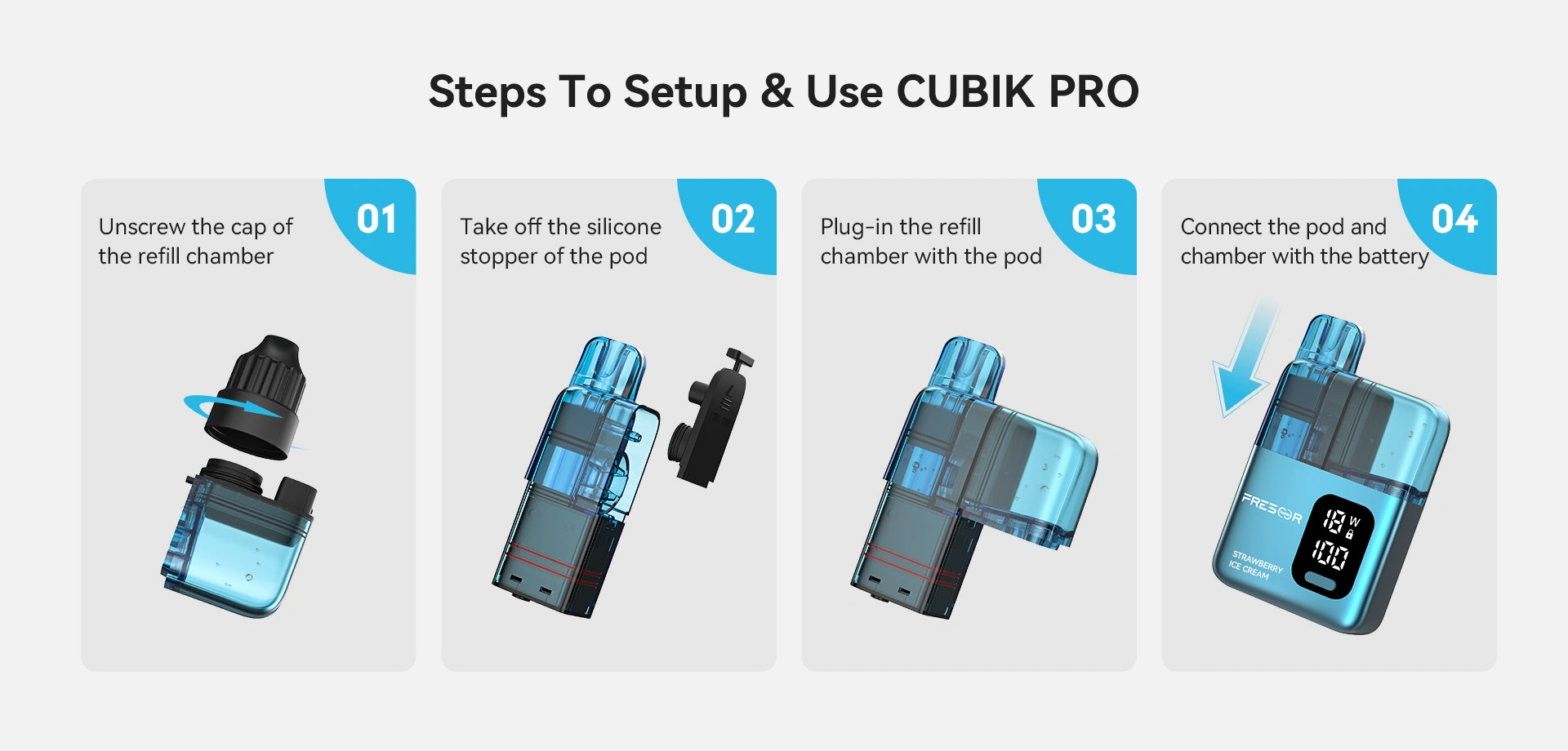 Steps To Setup & Use CUBIK PRO 01 Unscrew the cap of the refill chamber 02 Take off the silicone stopper of the pod 03 Plug-in the refill chamber with the pod 04 Connect the pod and chamber with the battery