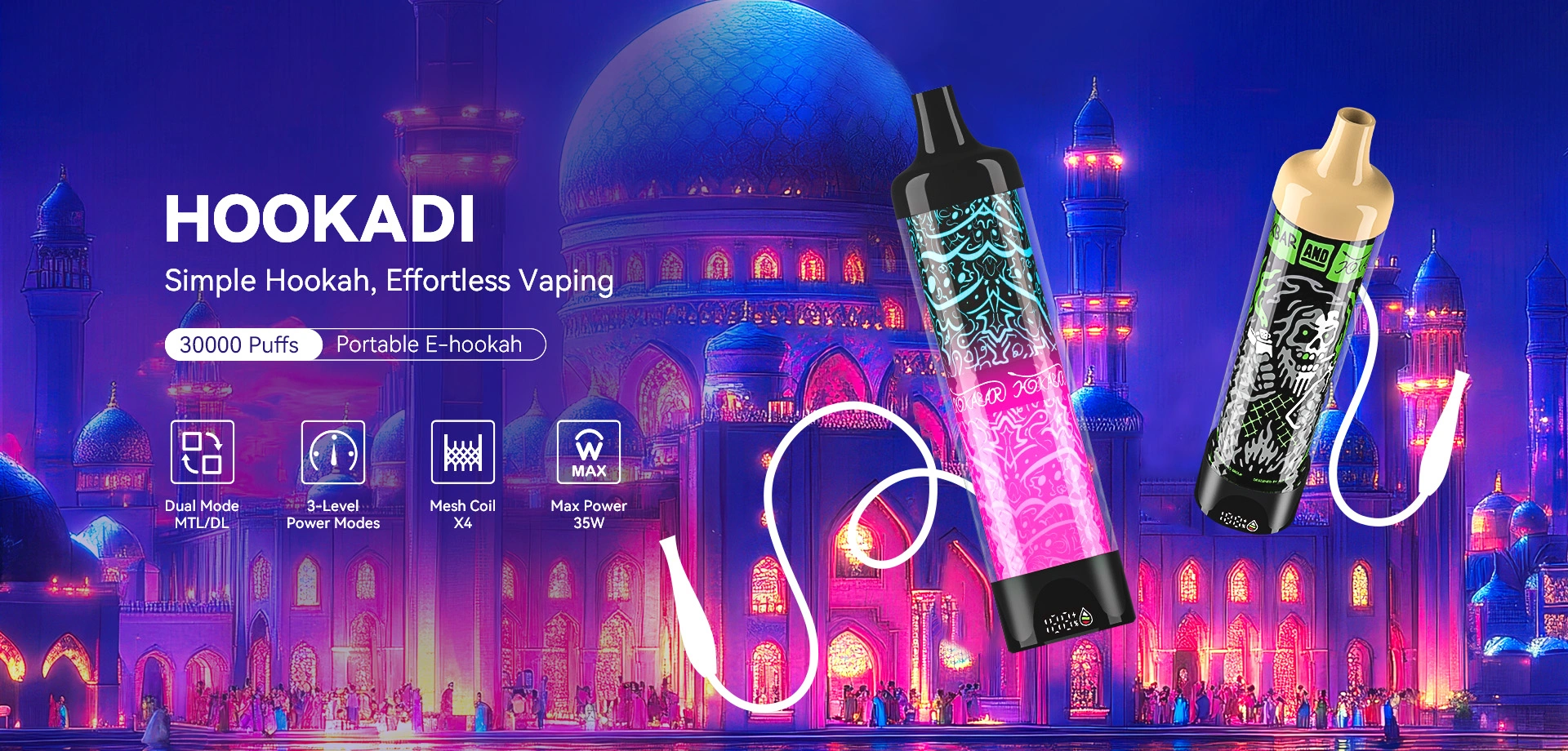 HOOKADI 30000 Puffs, Portable E-hookah Simple Hookah, Effortless Vaping 30000 Puffs, Portable E-hookah  Dual Mode MTL/DL 3-Level Power Modes Mesh Coil X4 Max Power 35W