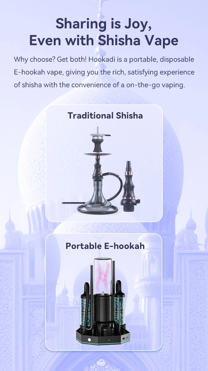 Portable Shisha Vape Why choose? Get both! Hookadi is a portable, disposable E-hookah vape, giving you the rich, satisfying experience of shisha with the convenience of on-the-go vaping.  Shisha Portable Portable E-Hookah