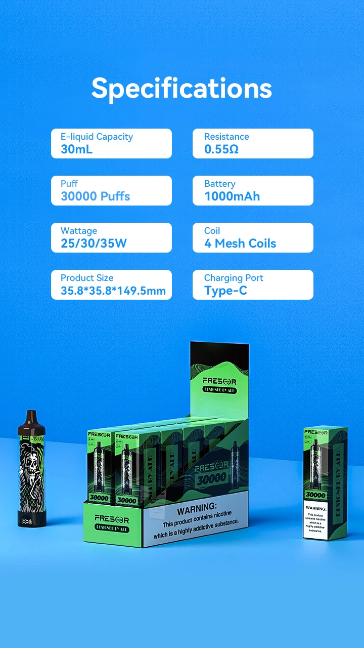 Specifications E-liquid Capacity: 30mL Puff: 30000 Puffs Wattage: 25/30/35W Product Size: 35.8*35.8*149.5mm Resistance: 0.55Ω Battery: 1000mAh Coil: 4 Mesh Coils Charging Port: Type-C