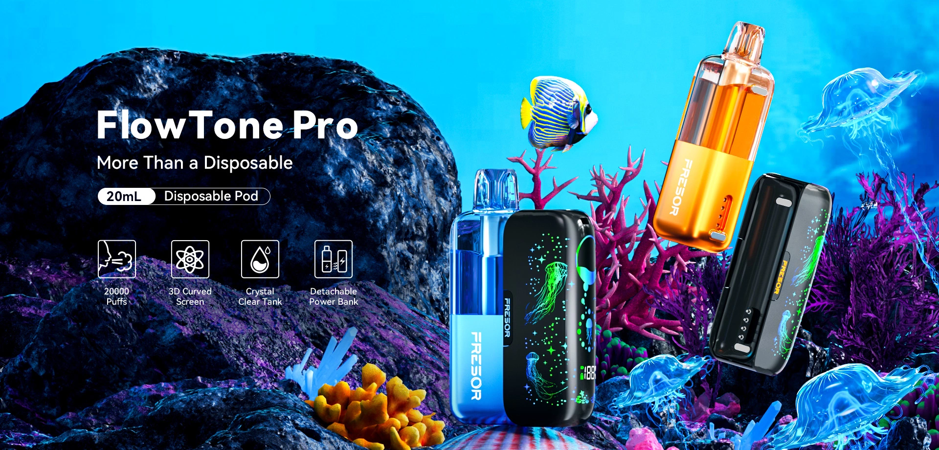 FlowTone Pro More Than a Disposable 20mL Disposable Pod  20000 Puffs 3D Curved Screen Crystal Clear Tank Detachable Power Bank