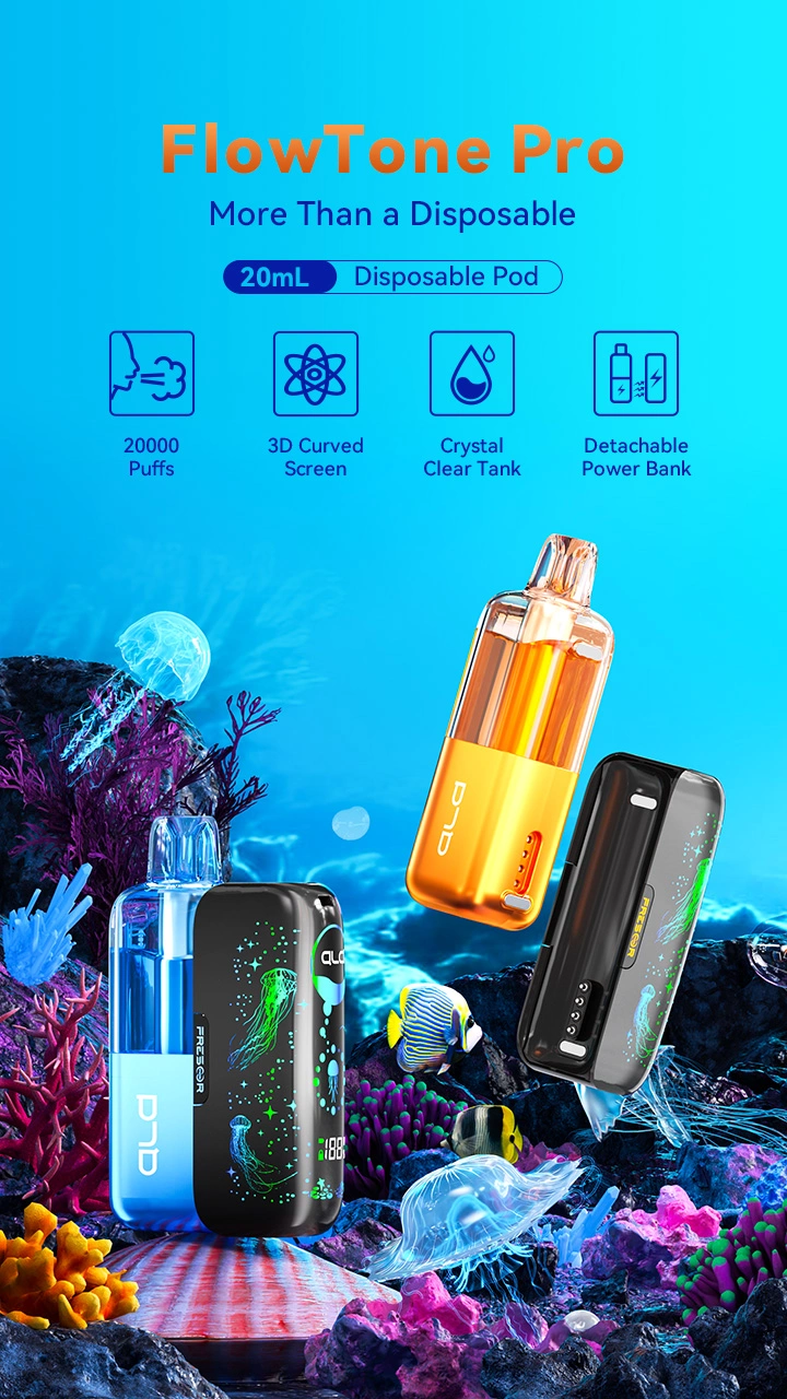 FlowTone Pro More Than a Disposable 20mL Disposable Pod  20000 Puffs 3D Curved Screen Crystal Clear Tank Detachable Power Bank