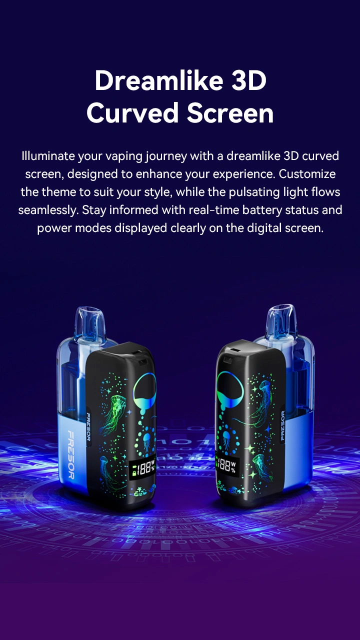 Dreamlike 3D Curved Screen Illuminate your vaping journey with a dreamlike 3D curved screen, designed to enhance your experience. Customize the theme to suit your style while the pulsating light flows seamlessly. Stay informed with real-time battery status and power modes displayed clearly on the digital screen.