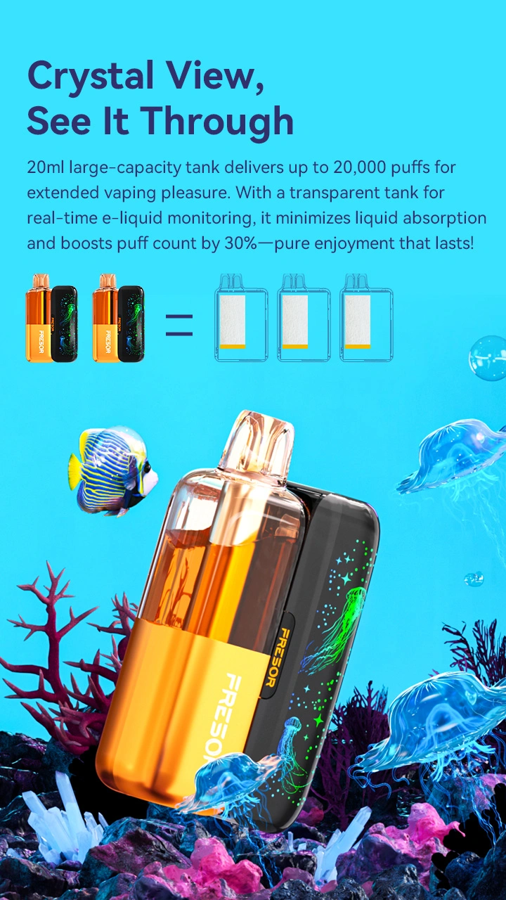 Crystal View, See lt Through 20ml large-capacity tank delivers up to 20,000 puffs for extended vaping pleasure. With a transparent tank for real-time e-liquid monitoring, it minimizes liquid absorption and boosts puff count by 30%-pure enjoyment that lasts!