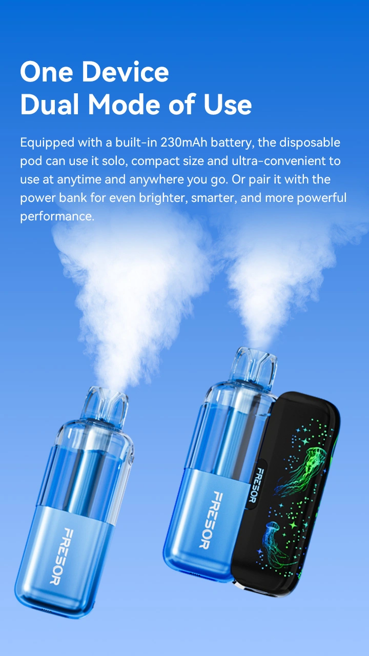 One Device Dual Mode of Use Equipped with a built-in 230mAh battery, the disposable pod can be used solo, compact in size, and ultra-convenient to use at any time and anywhere you go. Or pair it with the power bank for even brighter, smarter, and more powerful performance.