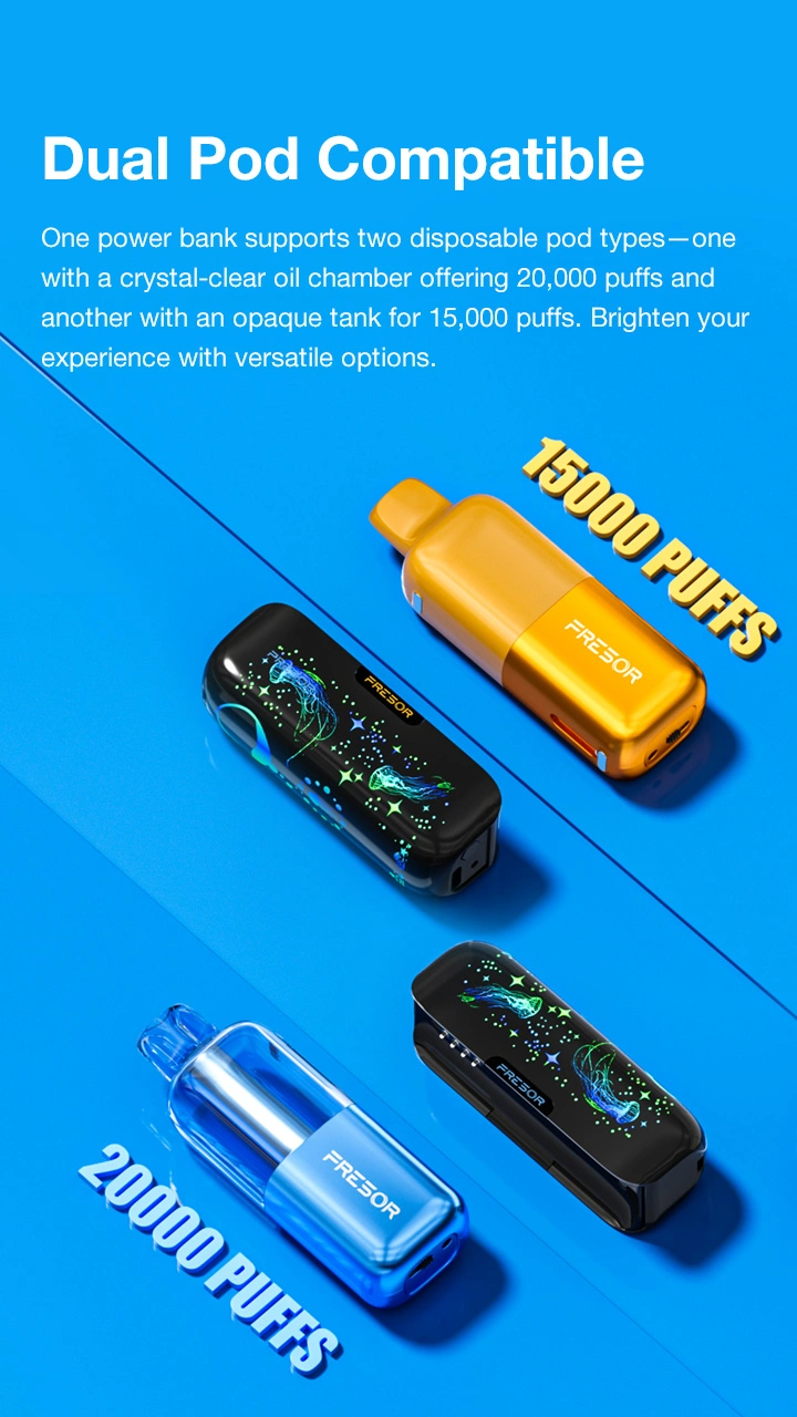 Dual Pod compatible One power bank supports two disposable pod types-one with a crystal-clear oil chamber offering 20,000 puffs and another with an opaque tank for 15,000 puffs. Brighten your experience with versatile options.