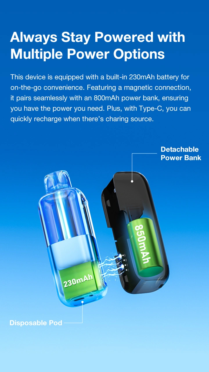 Always Stay Powered with Multiple Power options This device is equipped with a built-in 230mAh battery for on-the-go convenience. Featuring a magnetic connection, it pairs seamlessly with an 800mAh power bank, ensuring you have the power you need. Plus, with Type-C, you can quickly recharge when there's charing source.  Detachable Power Bank Disposable Pod