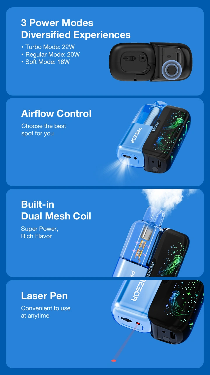 3 Power Modes Diversified Experiences Turbo Mode: 22W Regular Mode: 20W Soft Mode: 18W  Airflow Control Choose the best spot for you!  Built-in Dual Mesh Coil Super Power, Rich Flavor  Laser Pen Convenient to use at anytime